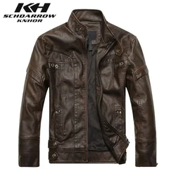 KH-Jaqueta de couro de motocicleta masculina, jaqueta bomber gola stand, casaco de couro quente casual masculino, nova marca