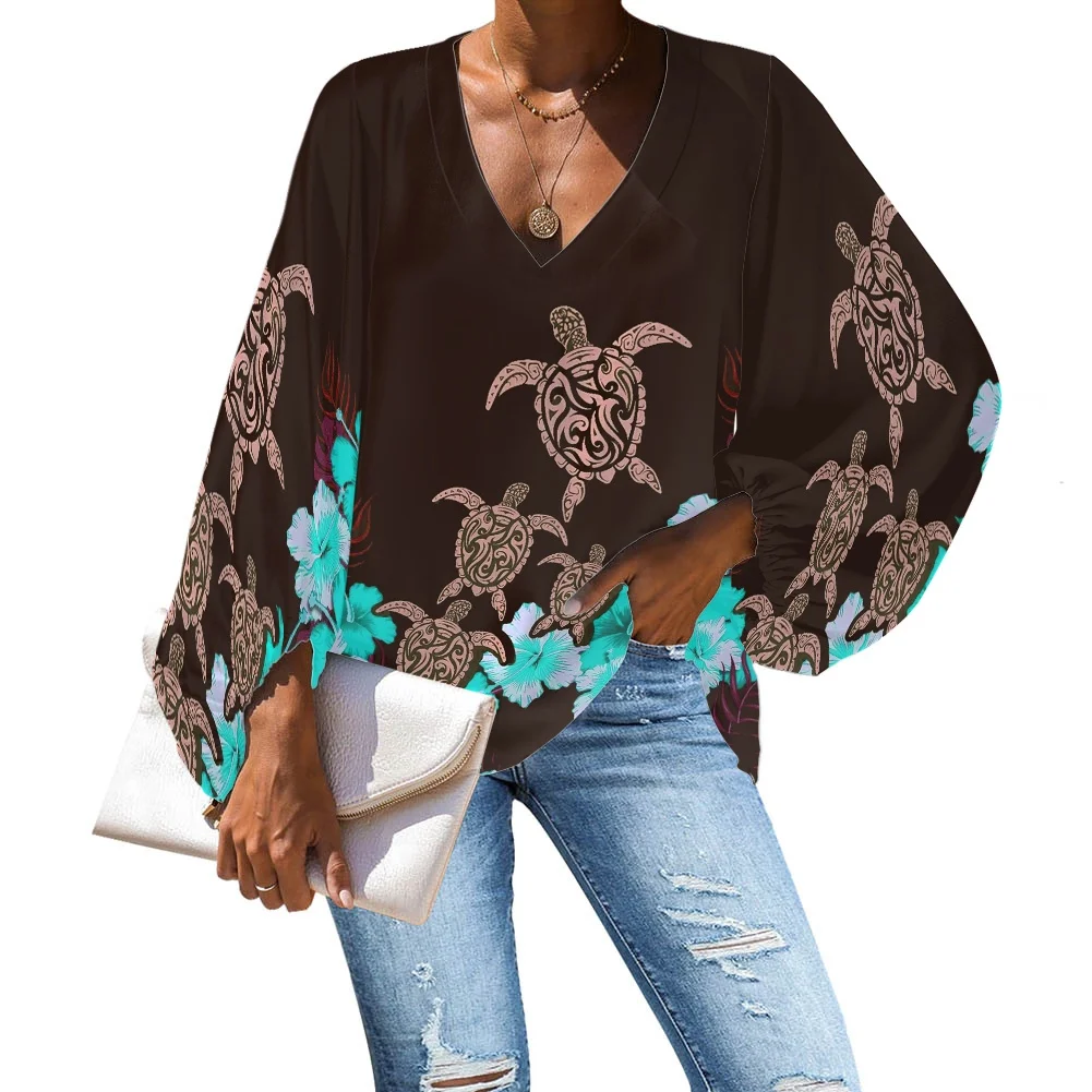 Cheap V-neck Sexy Club Women's Blouses Polynesian Tribal Hawaii Floral Printing Womens Club Blouse Casual Women Tops 2021 Sexy