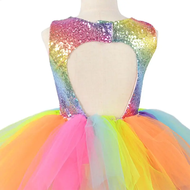 Children Dance Costume Princess Cosplay Rainbow Sequined Mesh Colorful Tutu Dress Masquerade Party Role Play Kids Clothes