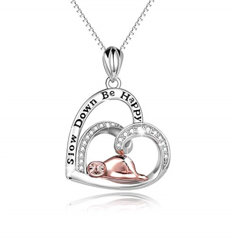 Fashion Silver Lovely Sloth Monkey Heart Engraved Word  Pendant Necklaces