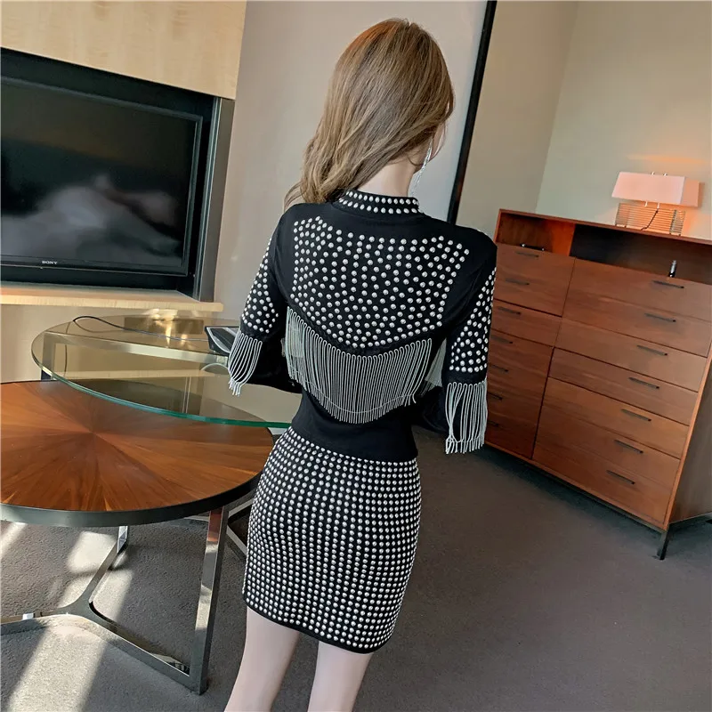 Tassel Women's Night Club Outfits 2023 Autumn And Winter New Fashion Sequined Rivet Top + Bodycon Short Skirt Two-Piece Sets