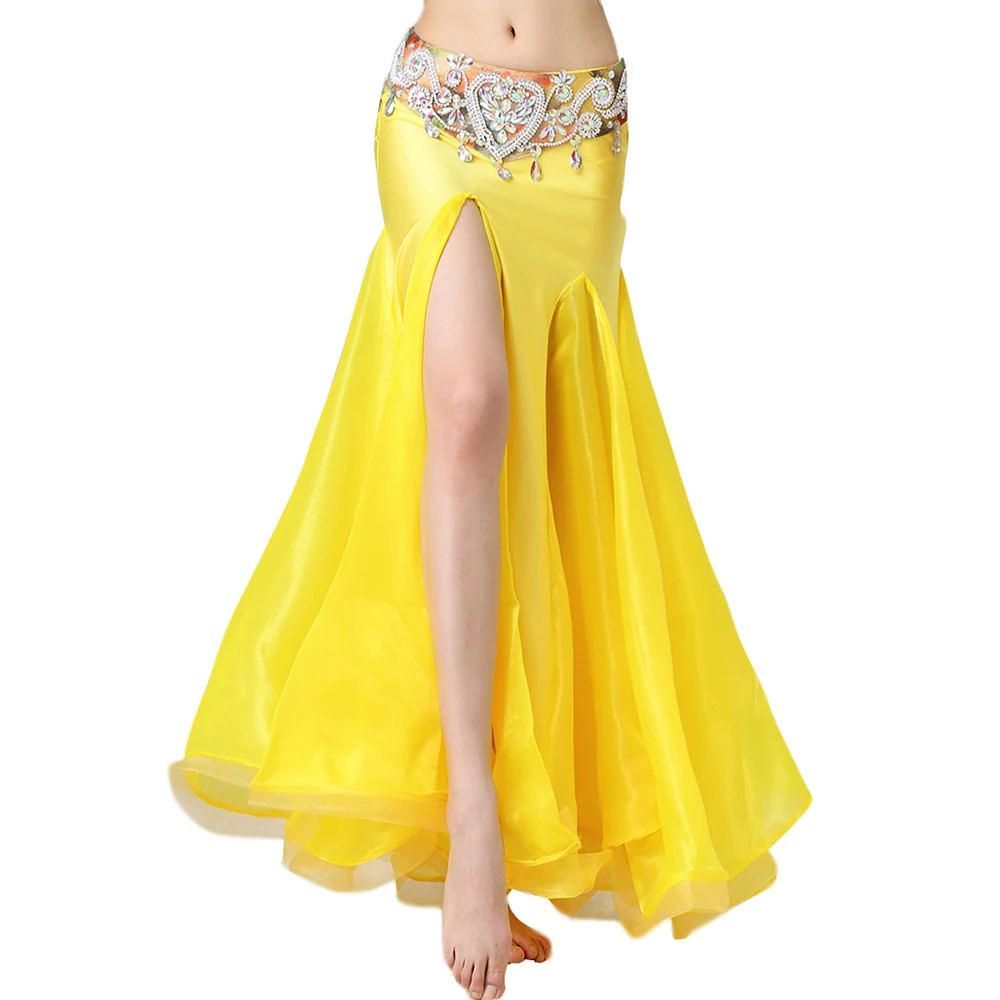 New 2019 Yellow Colors Women Dance Clothes Fish Tail Guaze Organza Trimming Long Skirt Belly Dance Skirts (without belt)