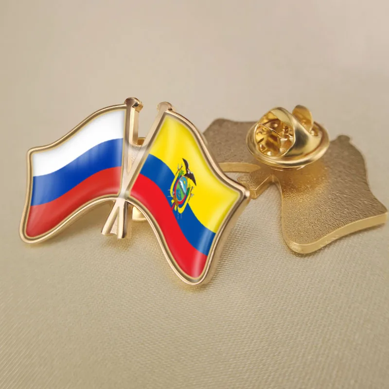 Ecuador and Russian Federation Crossed Double Friendship Flags Lapel Pins Brooch Badges