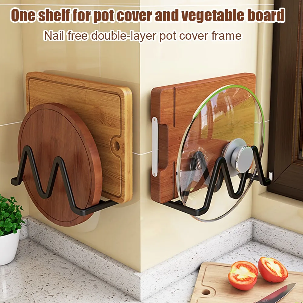 Pot Lid Holder Organizer Rack Wall Mount Double Slots Cutting Board Kitchen Cabinet Door Bakeware Pans Trays Storage Rack