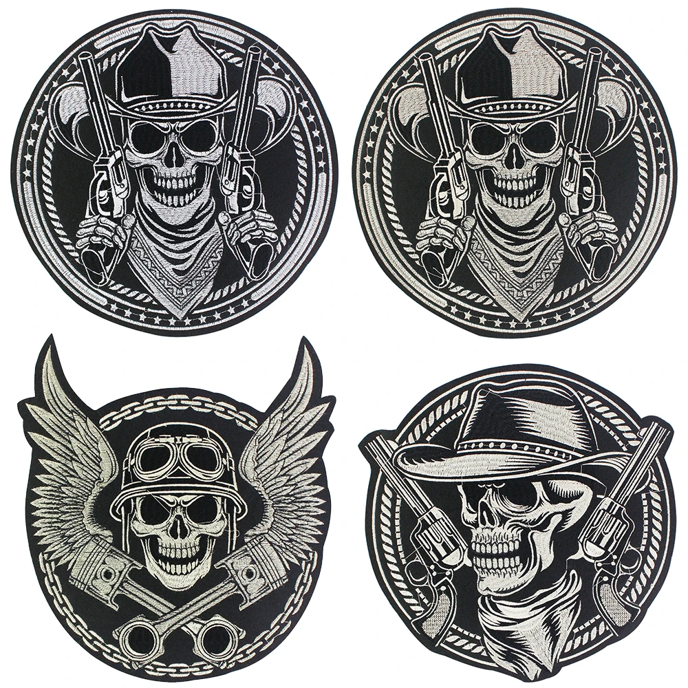 Big Punk Guns Skull Wing Patch Iron on Biker Back Patch Badge Large Embroidery Patches for Clothes Jacket Jeans Applique 2PC