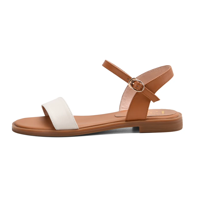 Meotina Women Shoes Flat Sandals Natural Genuine Leather Buckle Square Heel Shoes Cow Leather Sandals Female 2020 Big Size 43