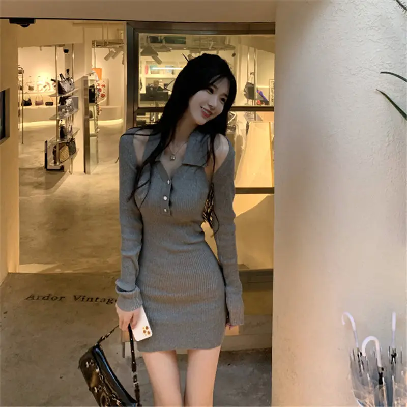 

Korean Knitted Dresses For Women 2022 Summer/Spring Long Sleeve V Neck Elastic Slim Pencil Dress Sexy Bodycon Knit Dress Set New