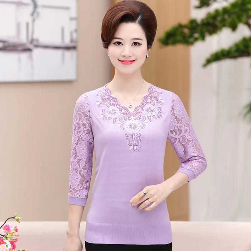 Women Embroidery Blouse Tops Summer Spring Lace Knitwear Elegant Female Floral Sweater Lace Shirts Pullovers