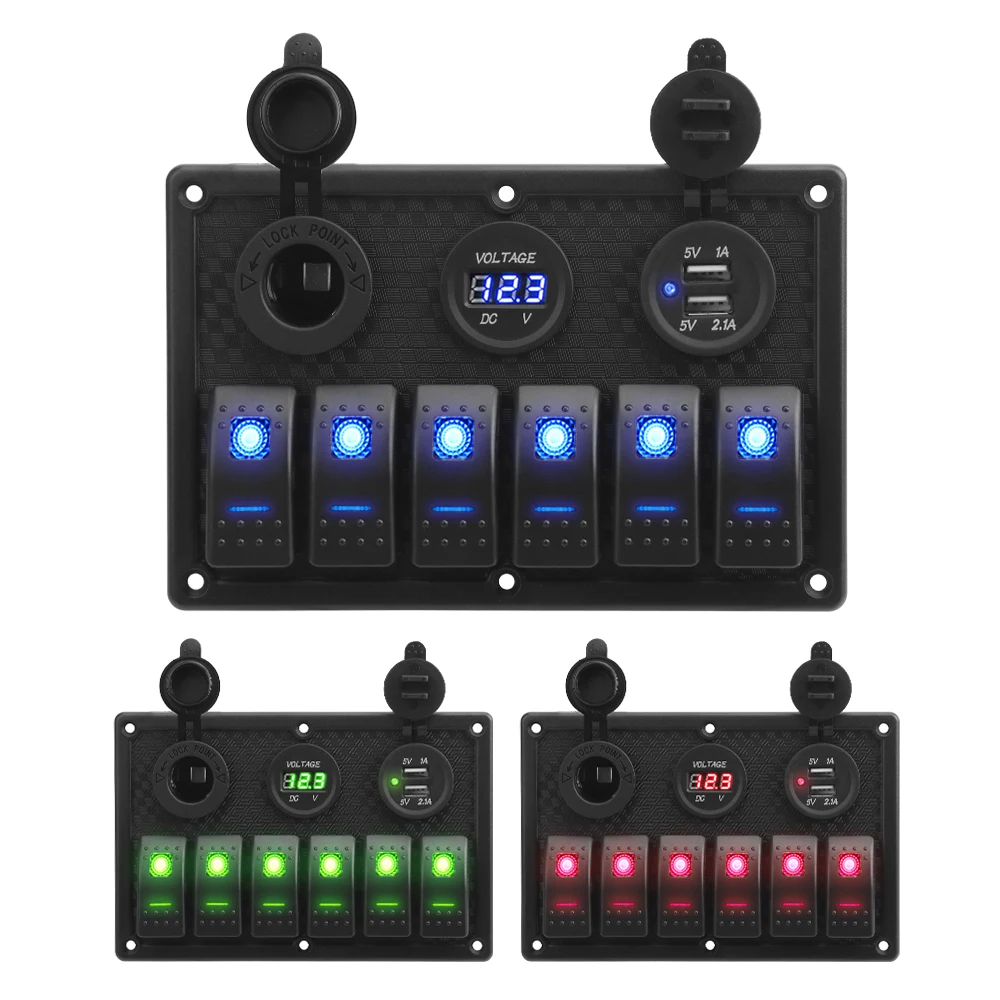 6 Gang Rocker Switch Panel Digital Voltage Display 4.2A Dual USB Slot Socket for Marine Boat Car Rv Vehicles Truck Yacht