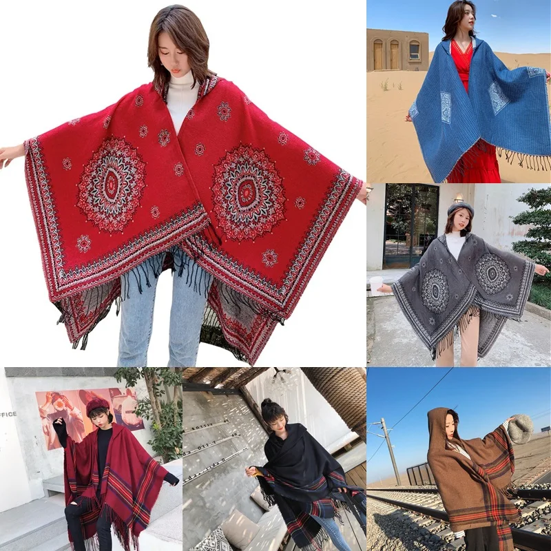 

2021NEW Women Blanket Coat Imitation Cashmere Shawl wool Show cape autumn and winter large size 130*150cm Wear hat poncho Scarf