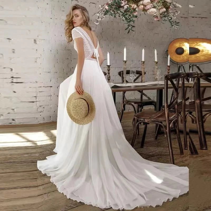 2021 strand Hochzeit Kleider Spitze Chiffon Kurzen Ärmeln Boho Land Brautkleider Mit Seite Split Illusion Vestidos Boda Hochzeit