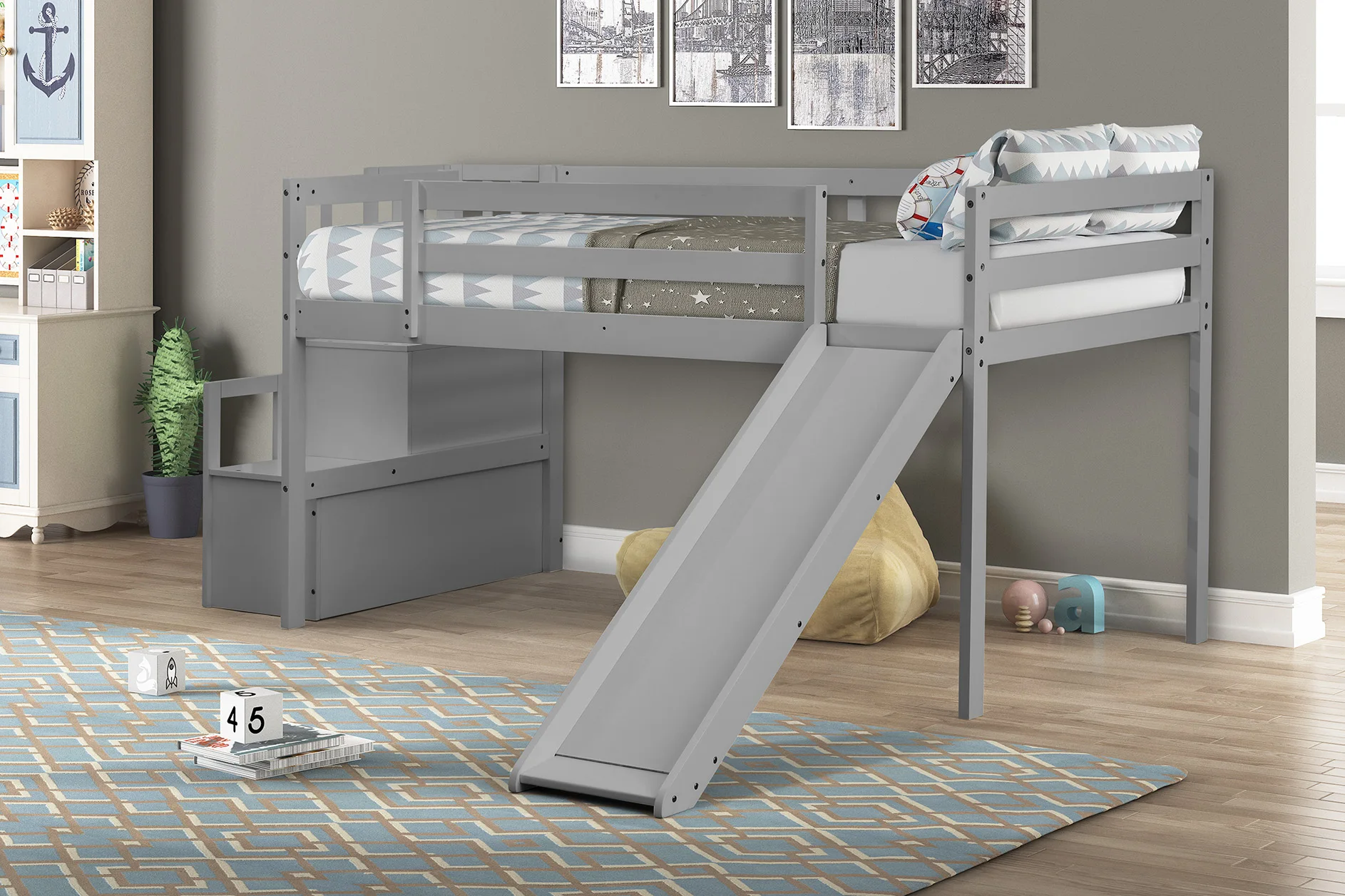 Two Colors Loft Bed with Stair Case Slide Grey  Bedroom Furniture In Stock for Livingroom