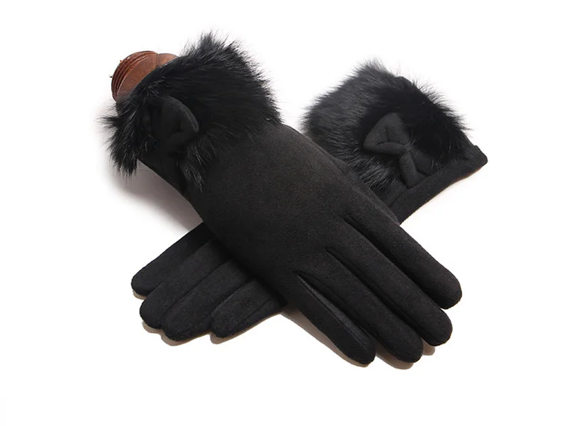 Winter Female Suede Leather Bow Plush Wrist Mitten Women Thick Plus Plush Windproof Warm Touch Screen Driving Gloves J22
