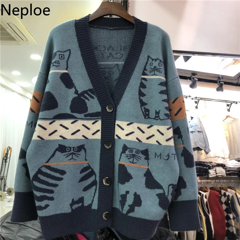 Neploe Fall 2023 Women\'s Sweater Clothing Fashion Cat Animal Cardigan Woman Oversized Tops Korean Knit Sweaters Coat Pull Femme