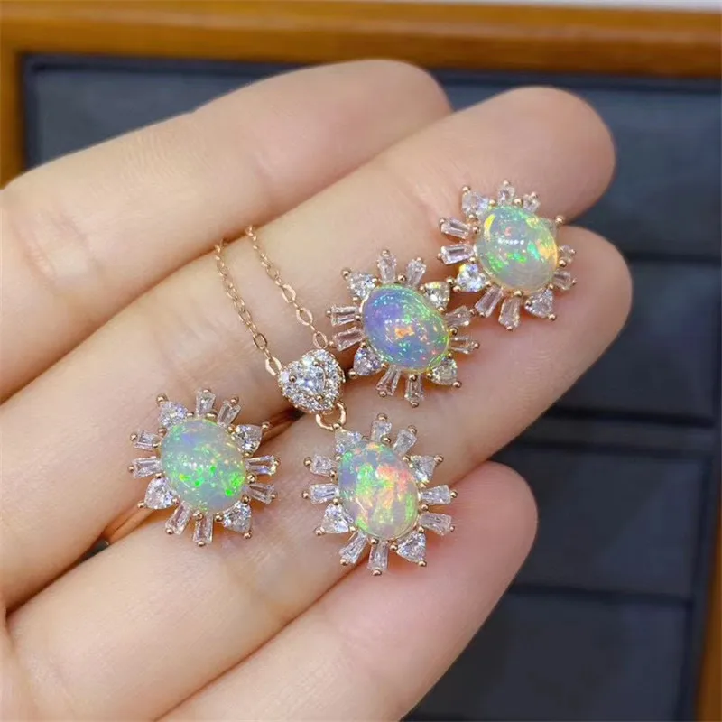 

Women Jewelry Set Female Gold Color Luxury Opal Ring Stud Earrings Pendant Necklace Wedding Jewelry Set