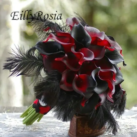 New Arrival Black&Burgundy Calla Lilies Bridal Bouquet with Ostrich Feather Gothic Wedding Flowers for Bride Hochzeit Bouquet