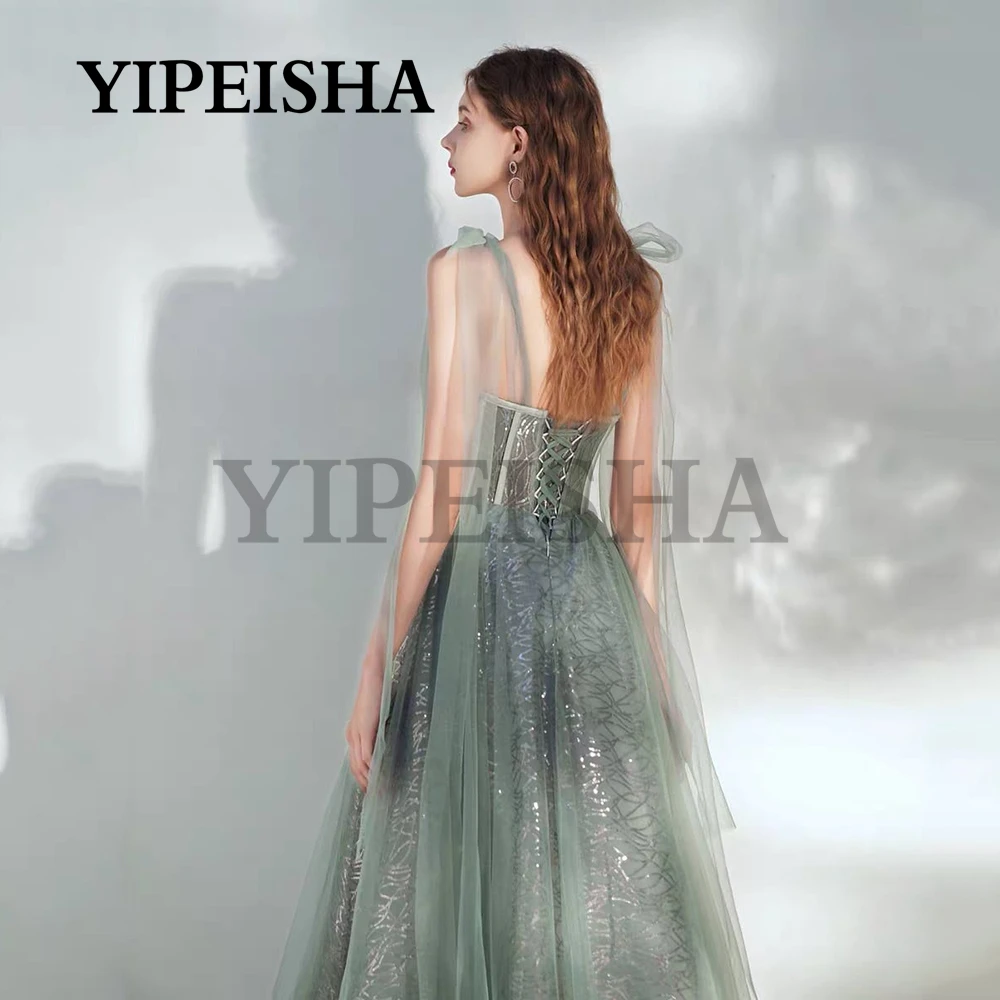 Vestidos de noche con lentejuelas brillantes, escote Corazón, Espalda descubierta, tirantes finos, verde salvia, para fiesta de graduación