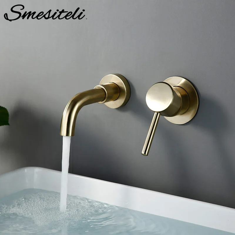 High Quality Modern 1 Basin Faucet 15 CM Single Handle 2 Hole Hot And Cold Mixer Taps In Wall-Mounted Water Tap In Brushed Gold