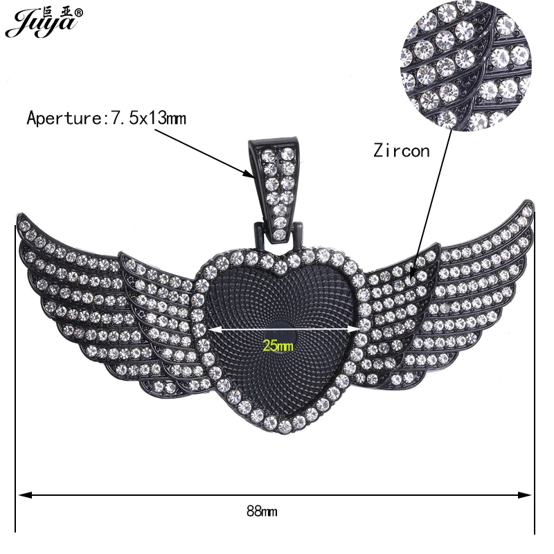 JUYA 보석 만들기 펜던트베이스 25mm 하트 카보 숑 천사 날개 매력 DIY 힙합 목걸이 결과에 대한 합금 매칭 다이아몬드