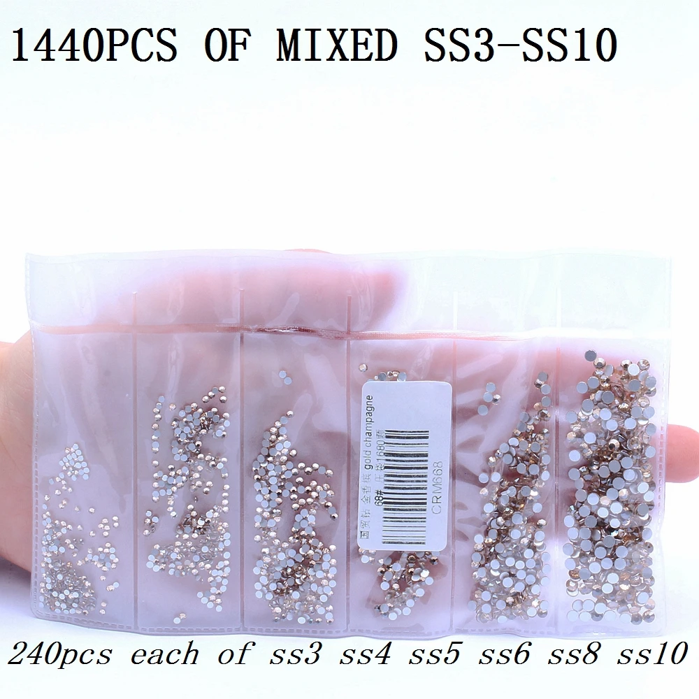 Gold Champagne SS3-SS30 And Mixed Sizes Rhinestones For Nails Art Decoration Flatback Glue On Strass Stones DIY Crafts Garments