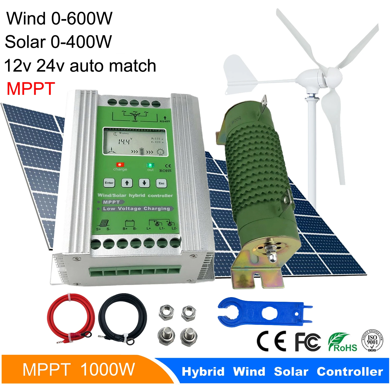 MPPT-controlador de descarga de carga híbrido, regulador de batería de 1000w, 1400W, 12V, 24V, 60A, 80A, para turbina eólica Solar AC DC