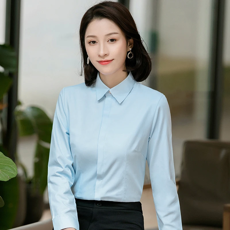 Women Basic Long sleeve Concealed Button Placket Dress Shirts Ladies Office Formal Slim-fit Blouses Tops Blusa Social Work Shirt