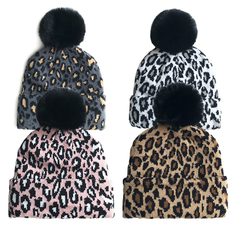 Mother Kids Winter Hat for Girls Pompom Knitted Baby Beanie for Boys Hats Leopard Warm Children Cap Infant Accessories