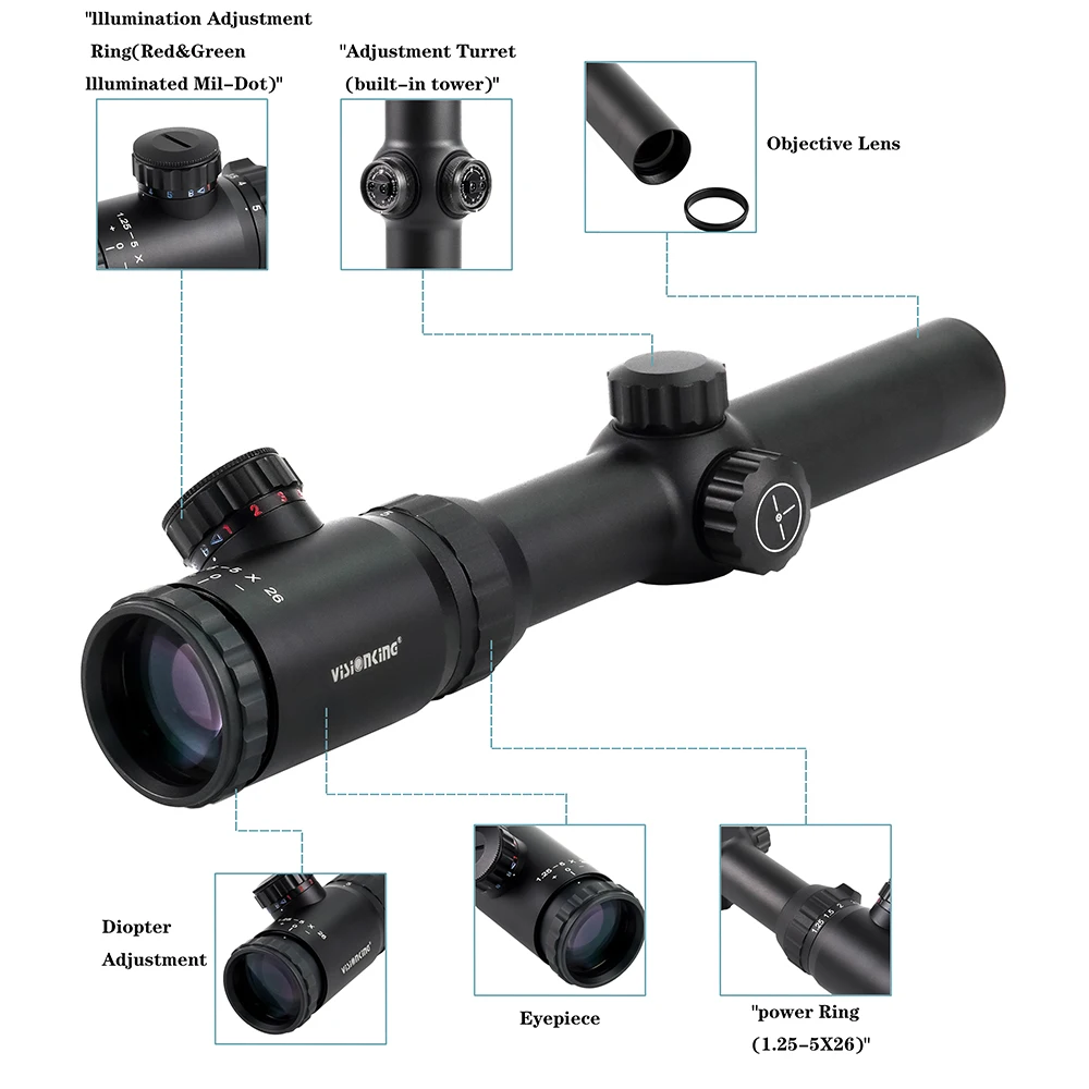 Imagem -02 - Visionking 1.255x26 Caça Riflescope Fit For.223 Três Pin Retículo Iluminado Sniper Rifle Âmbito Telescópico Visão Óptica