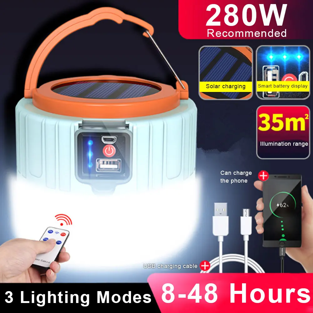 LED Solar Camping Light Spotlight Portable Solar Emergency Led Tent Lamp Remote Control Phone Charge Outdoor For Hiking Fishing