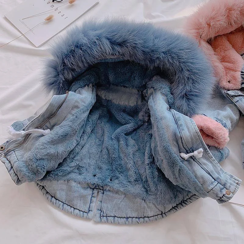 Winter Baby Girl Warm Thick Denim Jacket Fur Hooded Toddler Girl Baby Outerwear Denim Jacket Cotton Kids Boys Parka Children