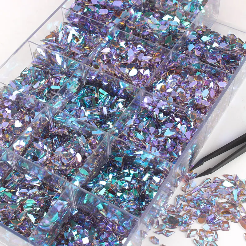 30Pcs Nail Art Rhinestones Holo Flat Shaped Elongated Teardrop Rectangle Phantom Purple Stones For 3D Nails Decorations