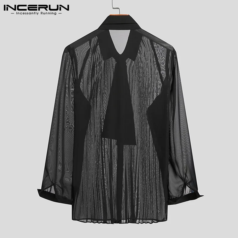 INCERUN Men\'s Shirt Mesh See Through Lace Up Lapel Long Sleeve Camisas Streetwear 2024 Pleated Solid Party Men Clothing S-5XL