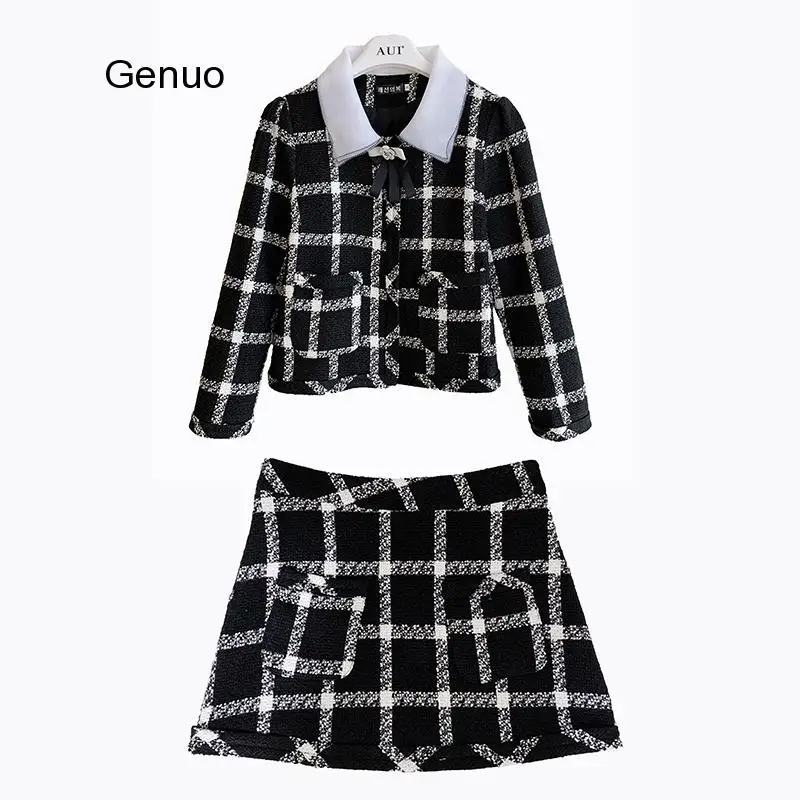 

Autumn Winter Tweed Wool 2 Piece Set Women Bowknot Plaid Skirt Set Female Bow Trim Jacket Coat+High Waist A-line Skirt Suit