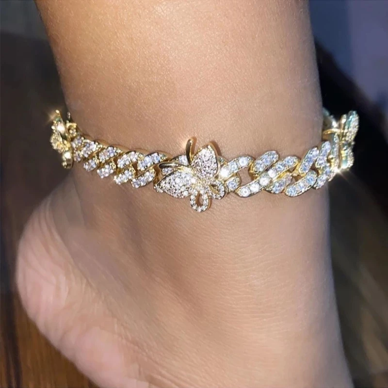 

Iced Out Crystal Cuban Link Chain Anklets for Women Shiny Big Butterfly Charms Anklet Bracelets 2021 Summer Fashion Foot Jewelry
