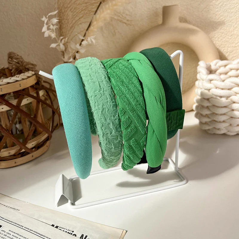 New Fresh Green Headbands Green Series Plush Hair Hoop Solid COlor Plaid Wool Headband For Women Broad-brimmed Sponge Head Hoop