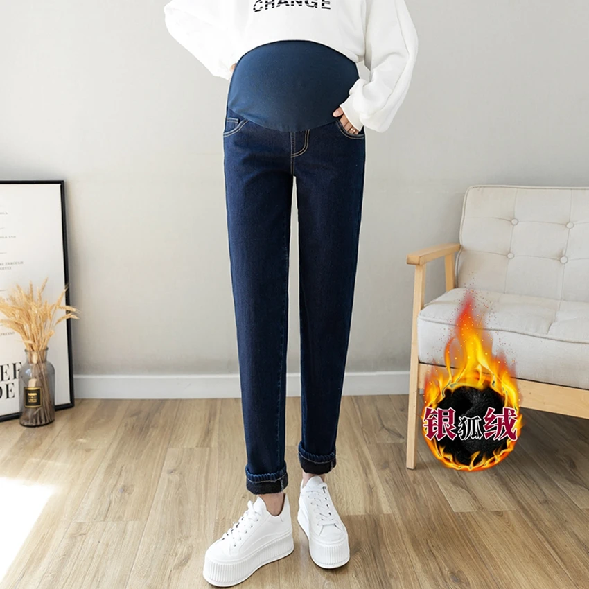 

Pregnant women plus velvet jeans winter daddy pants thickened warm belly support pants tide mom casual denim