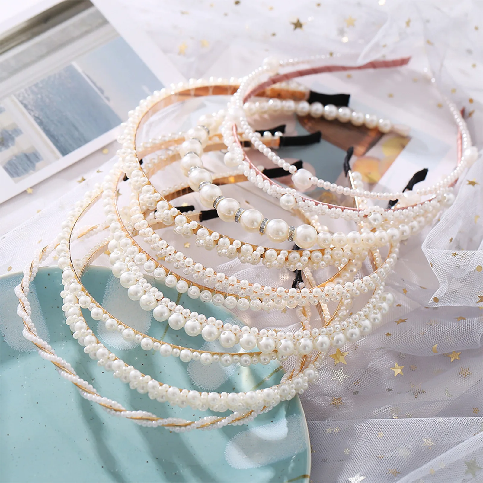 Exquisite Acrylic Headband Rose Flower White Imitation Pearl Hair Jewelry For Women Gifts 14.7cm, 1 Piece