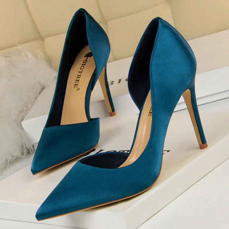 BIGTREE Shoes Sexy Woman Pumps Black Blue Sliver Women Heels Silk High Heels Women Shoes Stiletto Heels 9.5 Cm Ladies Shoes