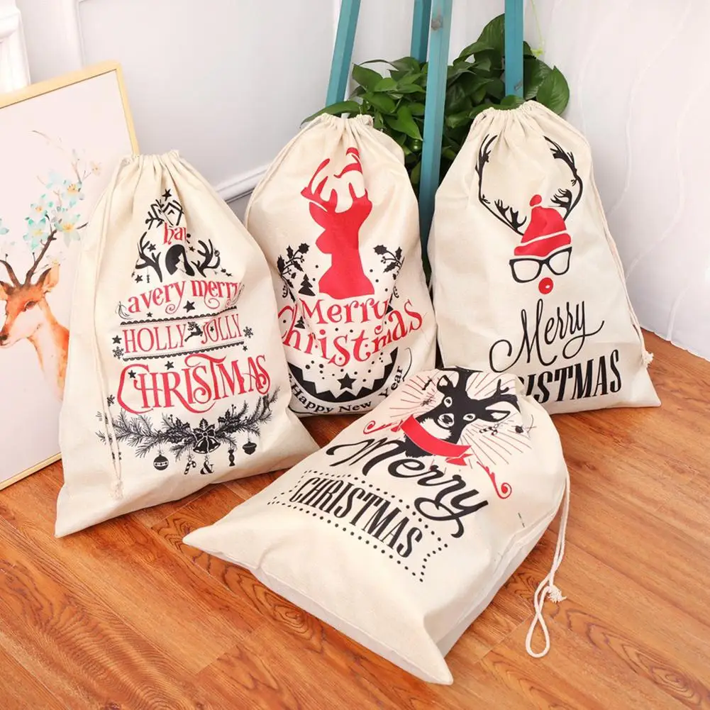 Christmas Reusable Shopping Bag Unisex Foldable Cotton Fabric Grocery Bags Drawstring Storage Bag Travel Package Gift Bag for Gi