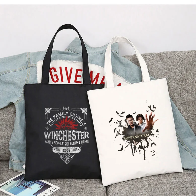 Supernatural Winchester Bros Sam Deanช้อปปิ้งกระเป๋ากระเป๋าถือแบบพับเก็บได้ผ้าShopper Harajukuกระเป๋านักเรียนผ้า/ผ้า/ผ้า/ผ้า/ผ้า/ผ้า/ผ้า/ผ้า/ผ้า/ผ้า/ผ้า/ผ้า/ผ้า/ผ้า/ผ้า/กระเป๋า