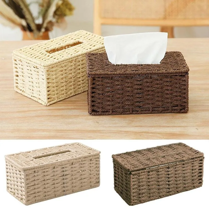 Rattan Tissue Box Vintage Napkin Holder Case Toilet Tissue Box Storage Container Cover For Home Living Room Desk Decoration