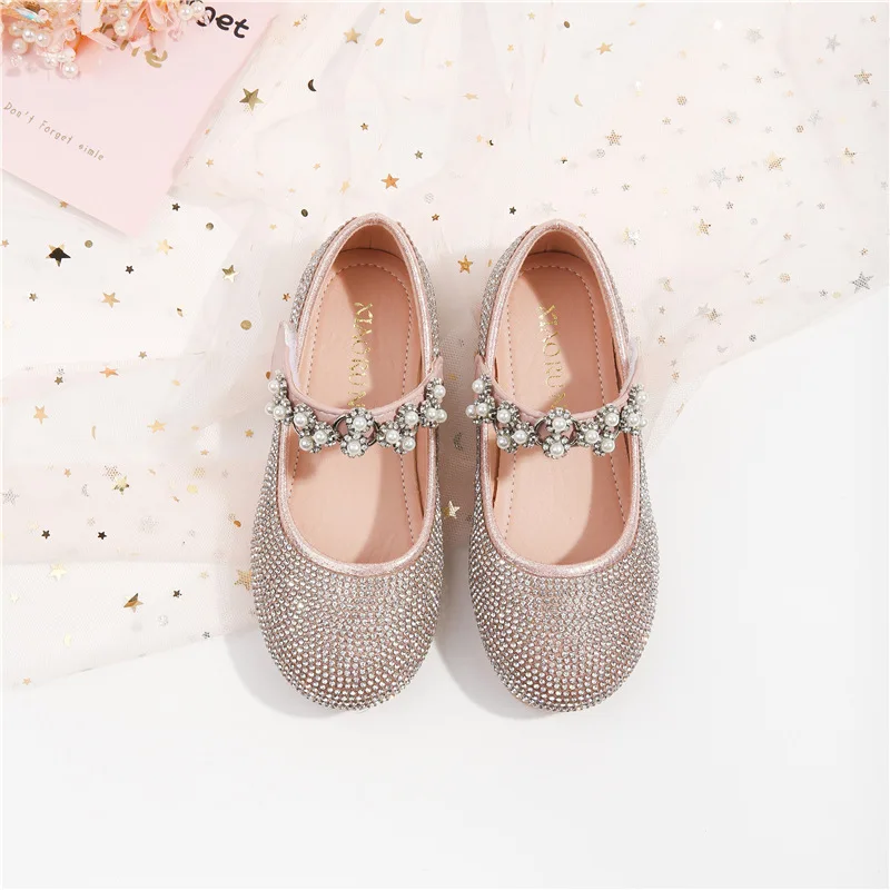 Meisjes Prinses Strass Enkele Schoenen 2023 Herfst Kid 'S Nieuwe Uitvoering Single Crystal Flats Kinderen Glanzende Glazen Schoenen