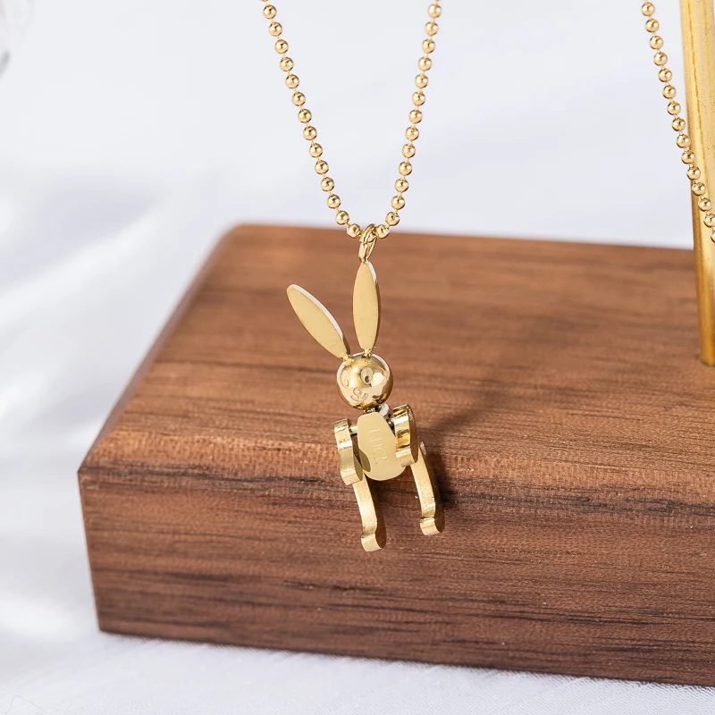 YUN RUO 18 K Gold Plated Cute Mobile Rabbit Pendant Necklace Woman Fashion Titanium Steel Jewelry Gift Never Fade Hypoallergenic