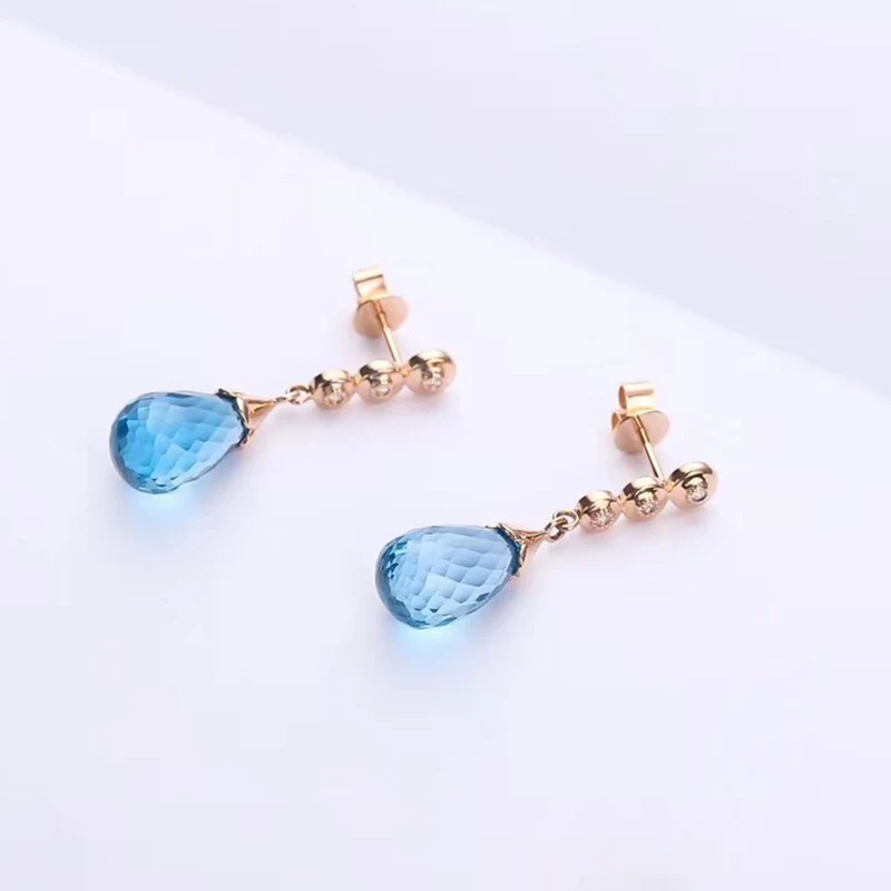 VANTJ Natural Blue Topaz Earring Sterling 14k Gold Real 585 Drop Pear Cut6*12 Fine Jewelry For Women Lady Party Wedding Gift Box