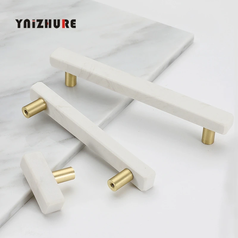 Marble Door Knobs and Handles for Furniture Cabinet Kitchen Cupboard Zinc Alloy Dresser Handles Drawer Pulls Stone Rock Beige