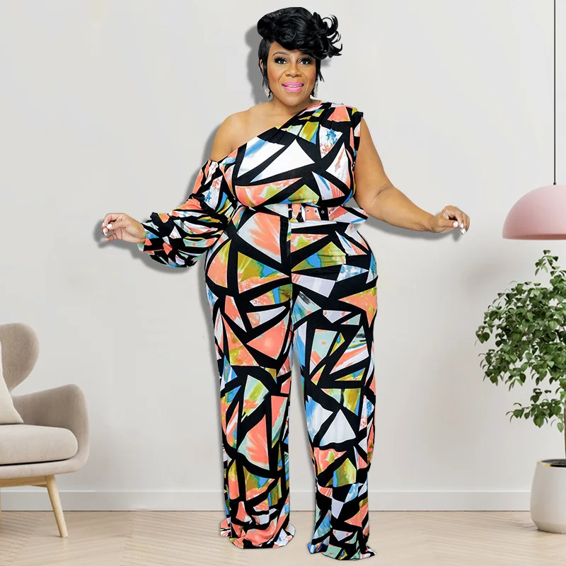 Women\'s Jumpsuit L- 4xl Plus Size One Piece Outfits Single Sleeve Plaid Wide Leg with Slash Bodysuit Wholesale Dropshipping