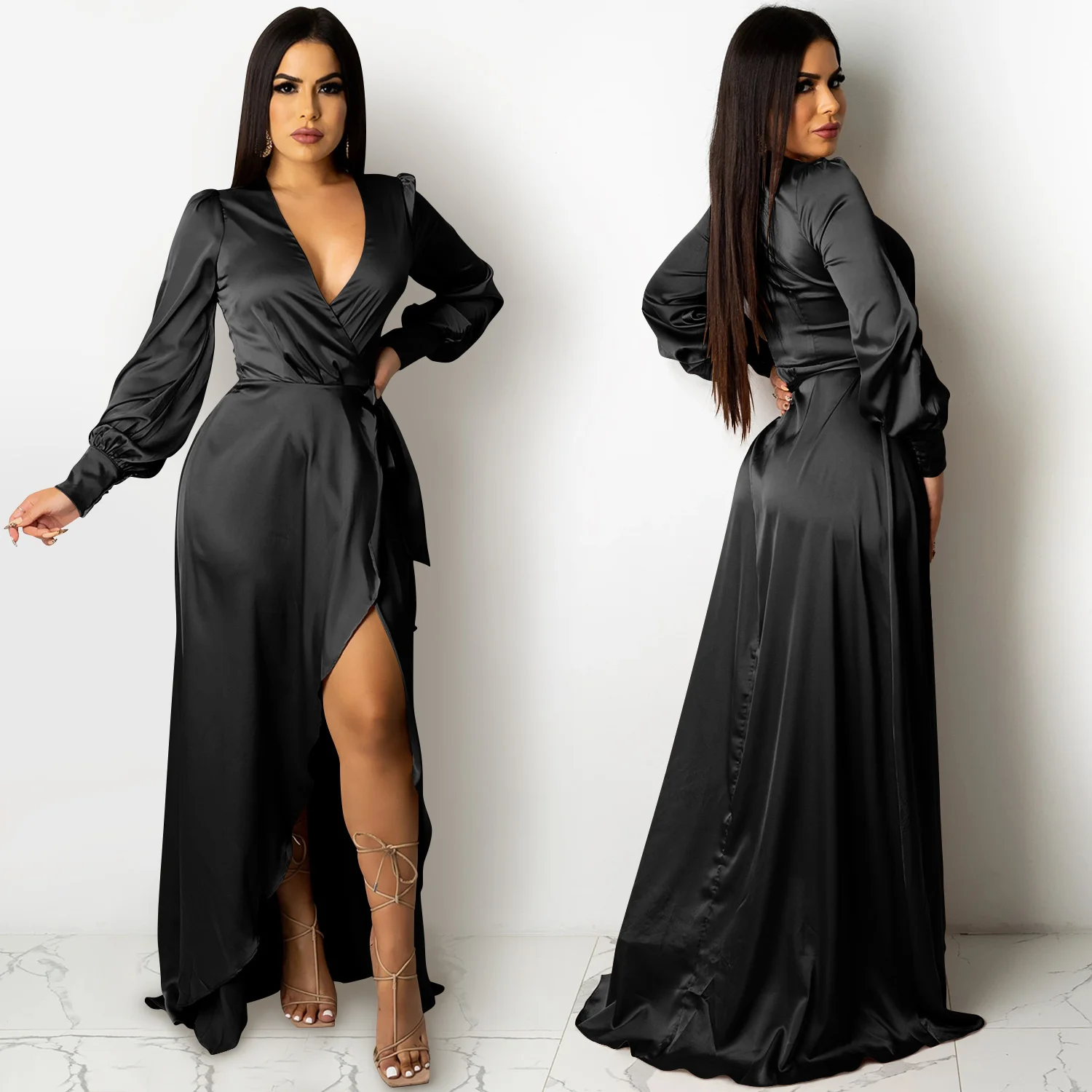 Deep V Neck Ruched Long Satin Dress Full Sleeve Front Split Floor Length Sexy Party Dress Pleated Vestidos