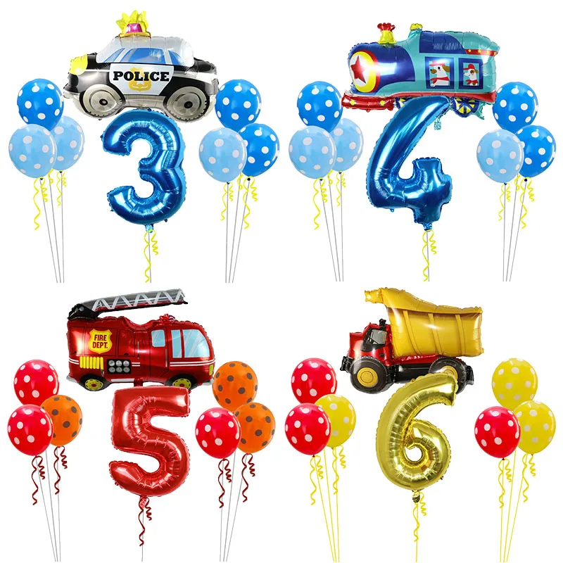 8Pcs Cartoon Car Number Balloons Set Train Police Air Globos Childrens\' Birthday Party Baby Shower Home Decorations Kid Toy Gift