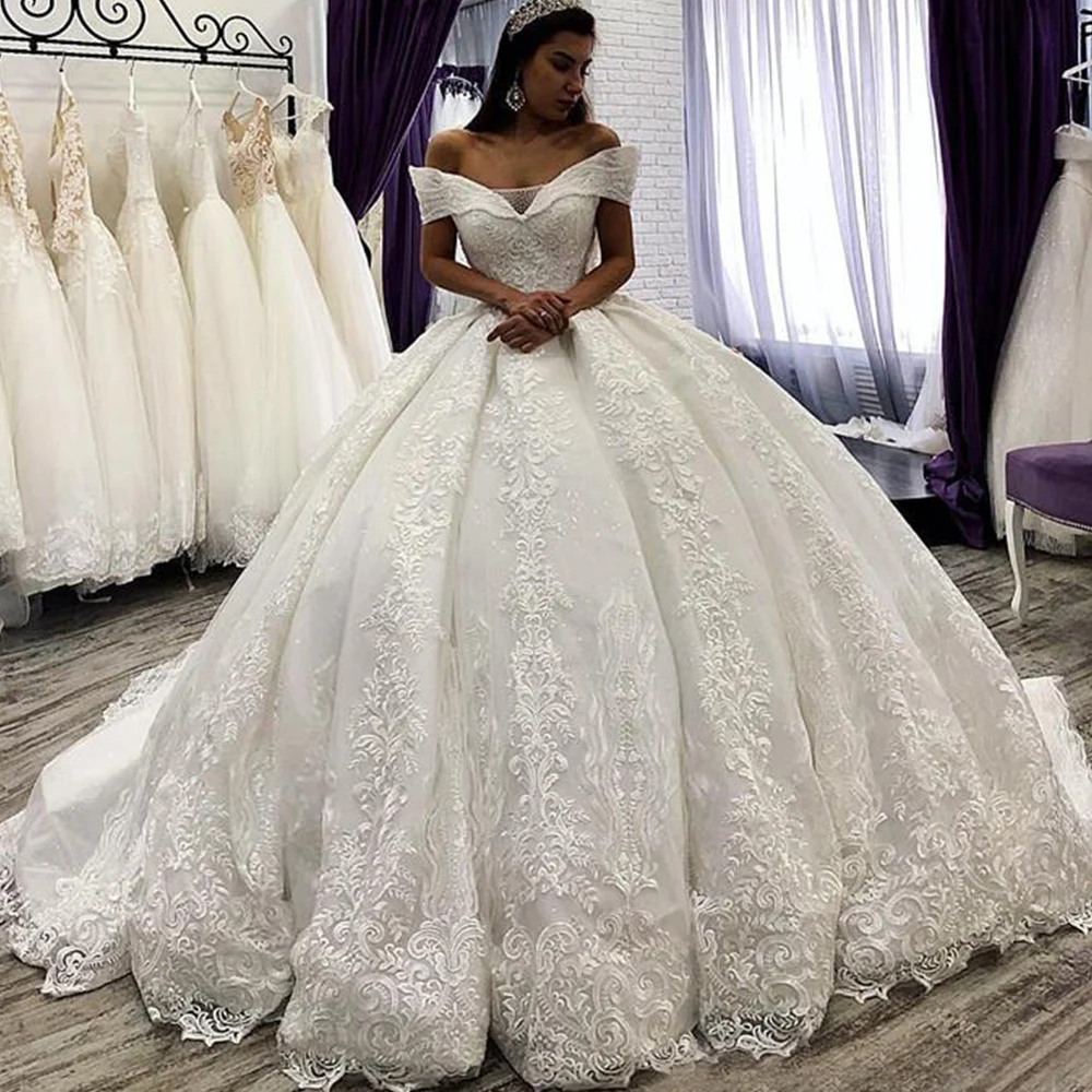 MYYBLE 2022 Arabic Lace Ball Gown Wedding Dresses Off the Shoulder Chapel Wedding Gowns Sequins Beaded Plus Size Bridal Dress