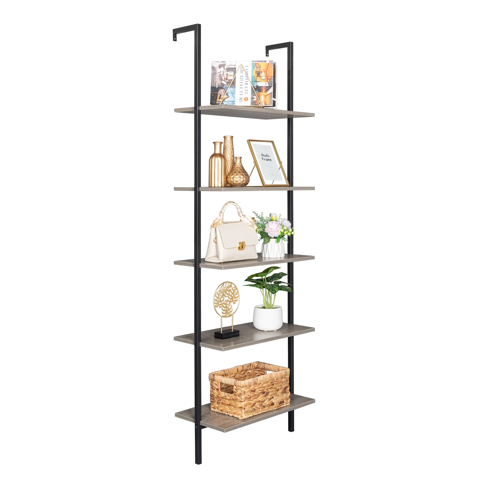 5-Shelf Wood Ladder Bookcase with Metal Frame  Industrial 5-Tier Modern Ladder Shelf Wood Shelves Gray